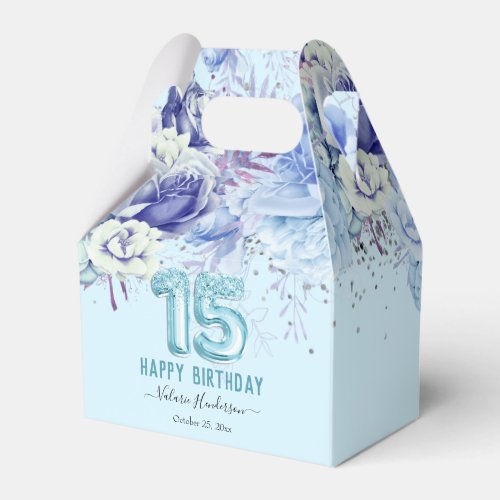 Floral Glitter Light Blue Happy 15th Birthday Favor Boxes