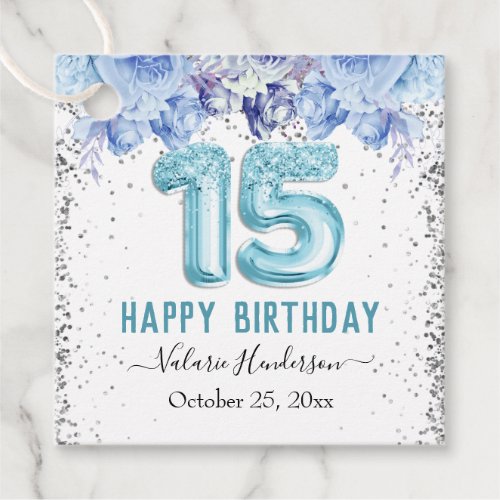 Floral Glitter Light Blue Happy 15th Birthday Favor Tags