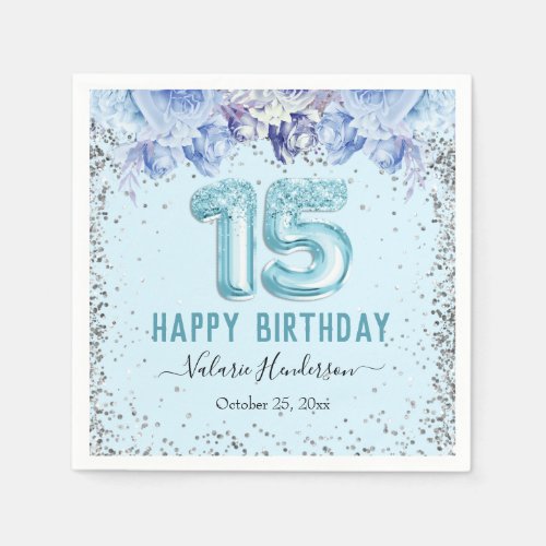 Floral Glitter Light Blue Happy 15th Birthday Napk Napkins