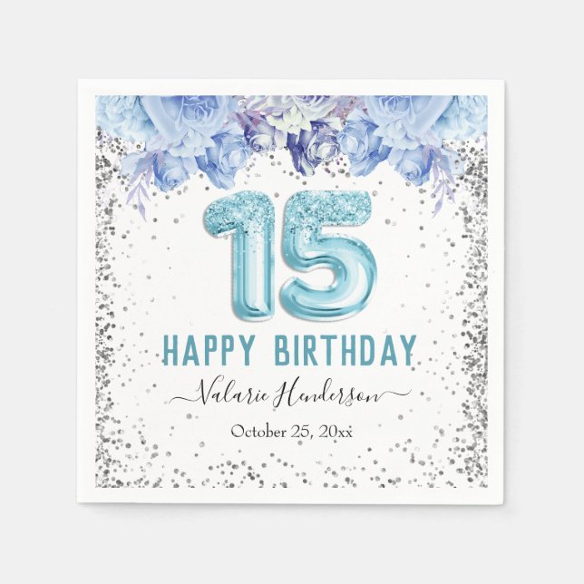 Floral Glitter Light Blue Happy 15th Birthday Napkins (Front)