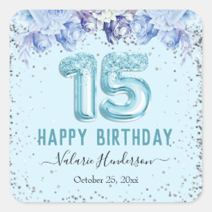 Floral Glitter Light Blue Happy 15th Birthday Square Sticker