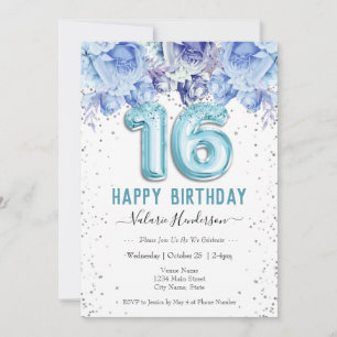 Floral Glitter Light Blue Happy 16th Birthday