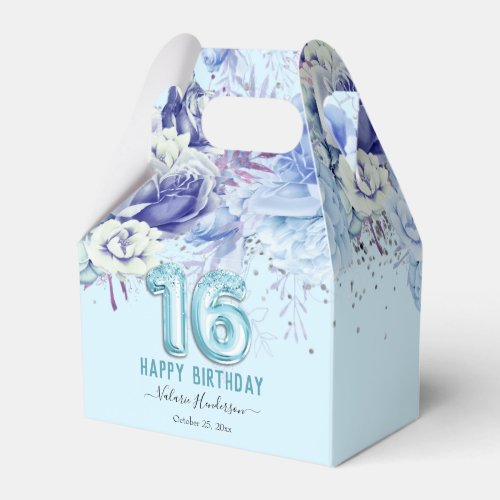 Floral Glitter Light Blue Happy 16th Birthday Favo Favor Boxes