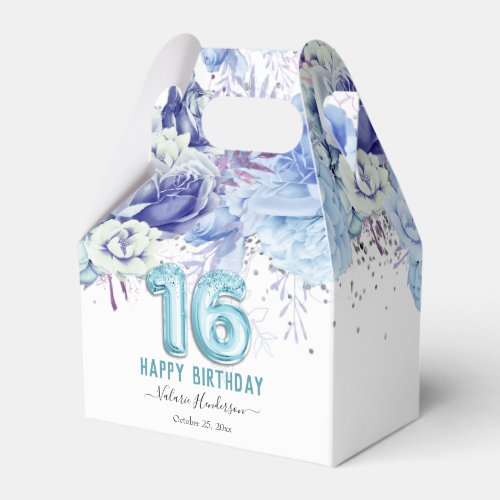 Floral Glitter Light Blue Happy 16th Birthday Favor Boxes