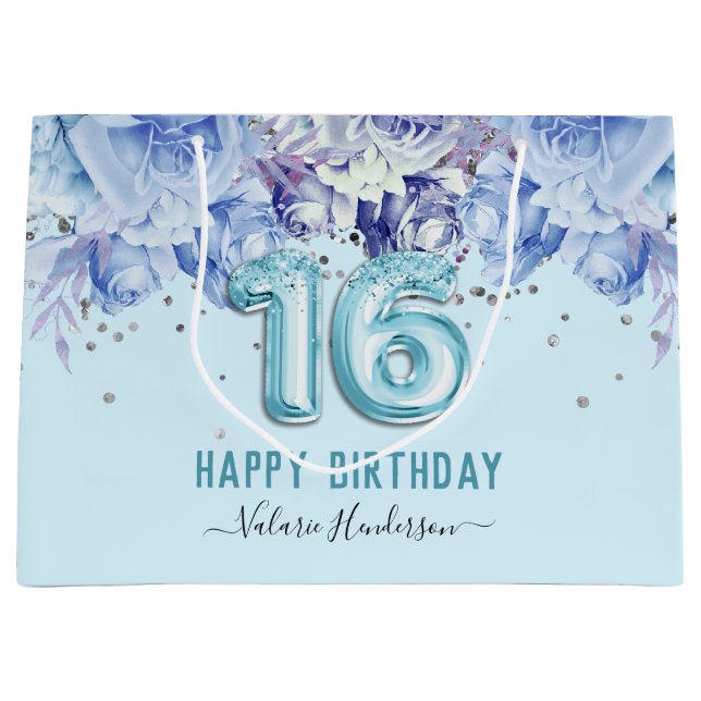 Floral Glitter Light Blue Happy 16th Birthday Larg Large Gift Bag (Front)