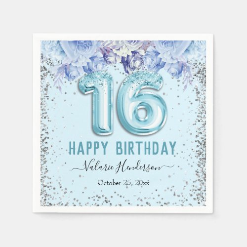 Floral Glitter Light Blue Happy 16th Birthday Napkins