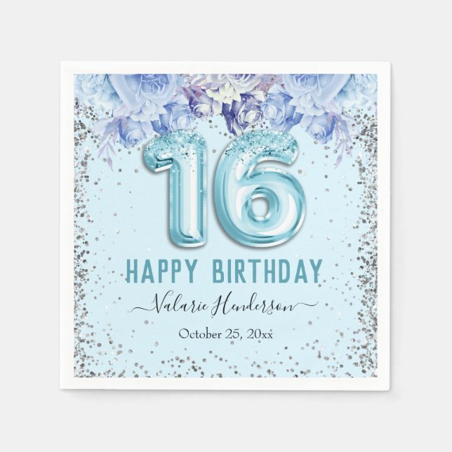 Floral Glitter Light Blue Happy 16th Birthday Napkins (Front)