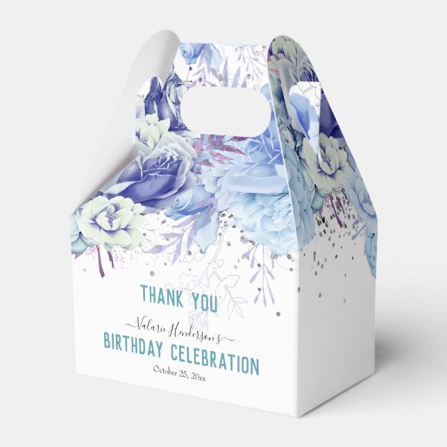Floral Glitter Light Blue Happy Birthday Favor Box (Front Side)