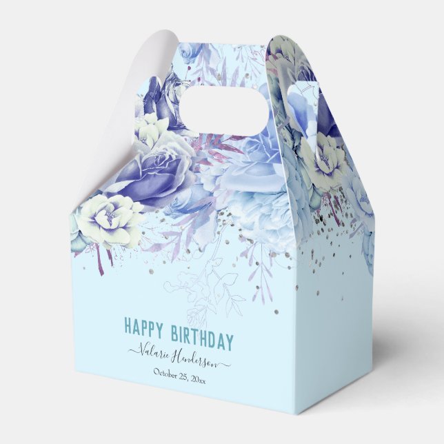 Floral Glitter Light Blue Happy Birthday  Favor Boxes (Front Side)