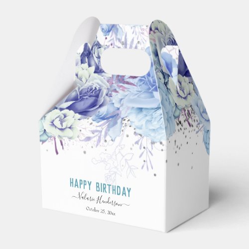 Floral Glitter Light Blue Happy Birthday Favor Boxes