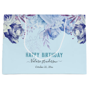 Floral Glitter Light Blue Happy Birthday Large Gif Gift Bag