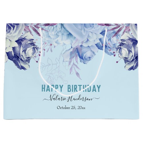 Floral Glitter Light Blue Happy Birthday Large Gif Large Gift Bag