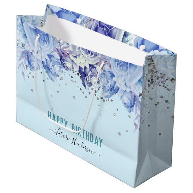 Floral Glitter Light Blue Happy Birthday Large Gift Bag (Front Angled)