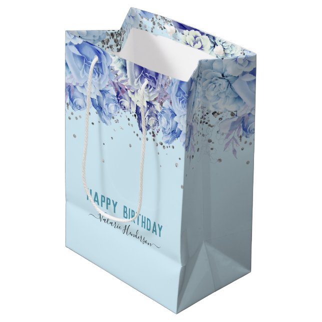 Floral Glitter Light Blue Happy Birthday Medium Gift Bag (Front Angled)