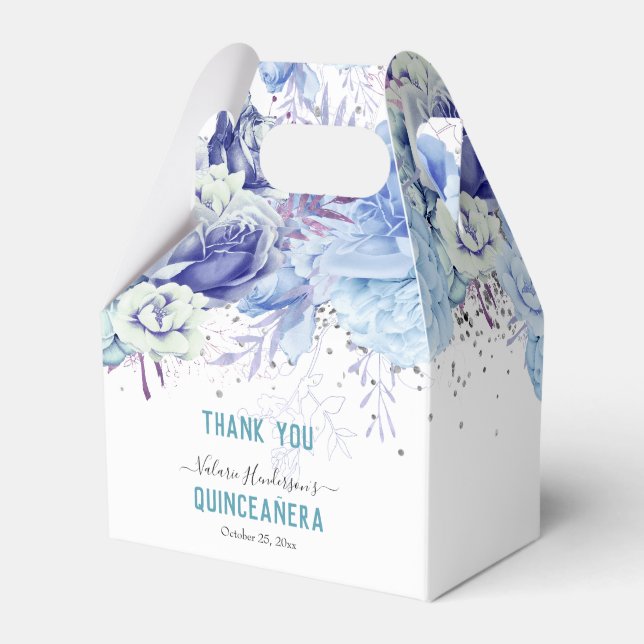 Floral Glitter Light Blue Quinceañera Favor Boxes (Front Side)