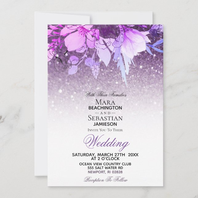 *~* Floral Glitter Modern Purple AR10 Wedding Invitation (Front)