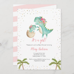 Floral Glitter Pink Dinosaur Baby Shower Invitation