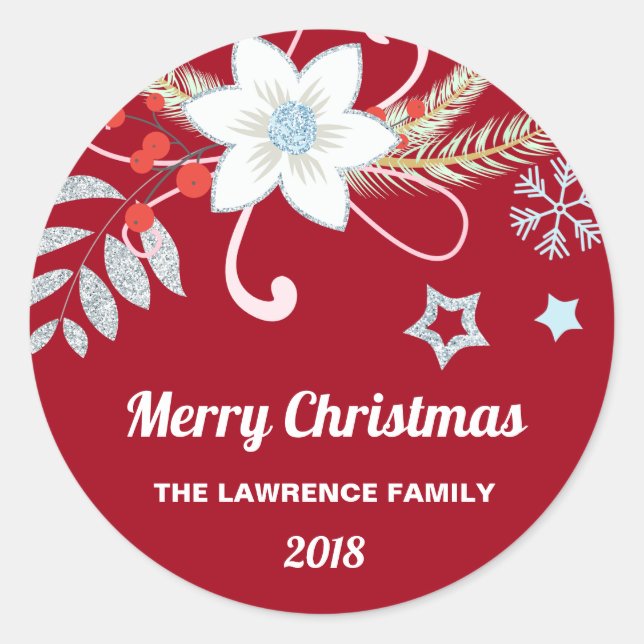 Floral Glitter Snowflakes Red Christmas Classic Round Sticker (Front)