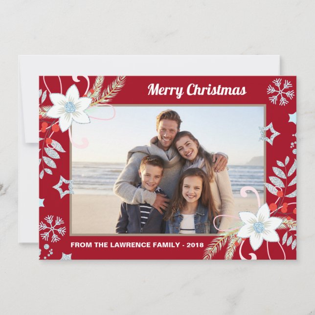 Floral Glitter Snowflakes Red Christmas Photo Holiday Card (Front)