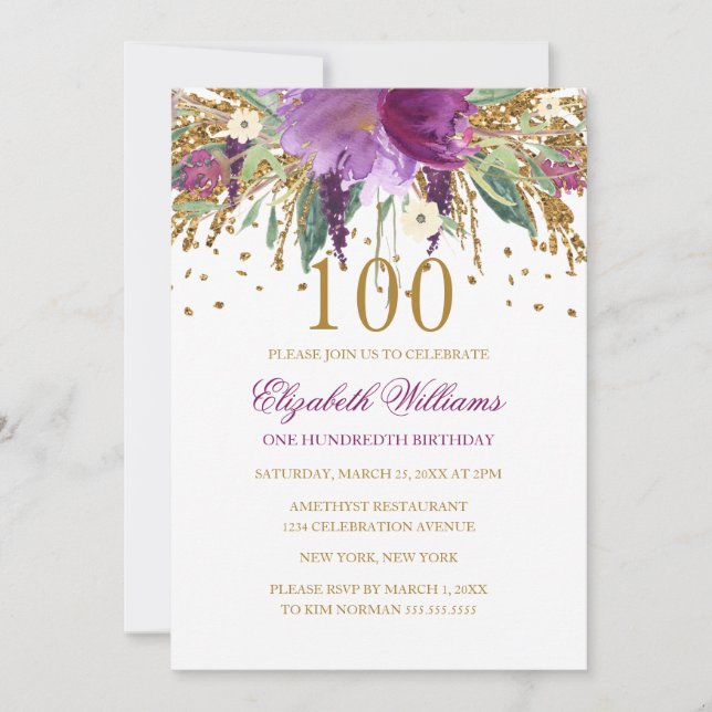 Floral Glitter Sparkling Amethyst 100th Birthday Invitation (Front)