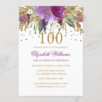 Floral Glitter Sparkling Amethyst 100th Birthday Invitation by LittleBayleigh at Zazzle