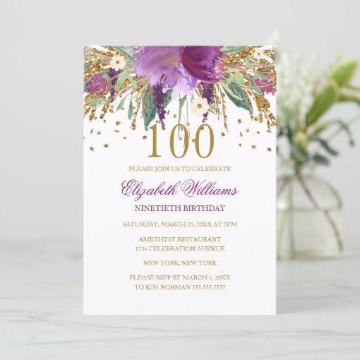 Floral Glitter Sparkling Amethyst 100th Birthday Invitation | Zazzle