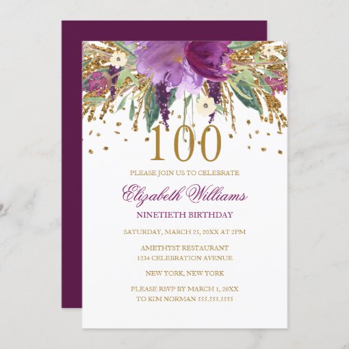 Floral Glitter Sparkling Amethyst 100th Birthday Invitation | Zazzle