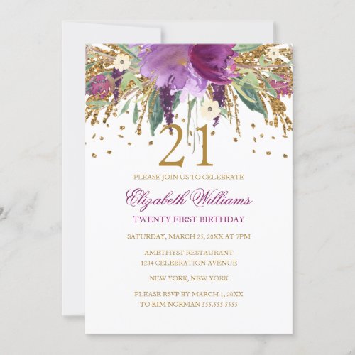 Floral Glitter Sparkling Amethyst 21st Birthday Invitation