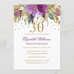 Floral Glitter Sparkling Amethyst 30th Birthday Invitation