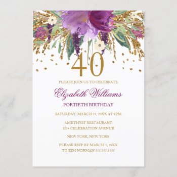 Floral Glitter Sparkling Amethyst 40th Birthday Invitation by LittleBayleigh at Zazzle