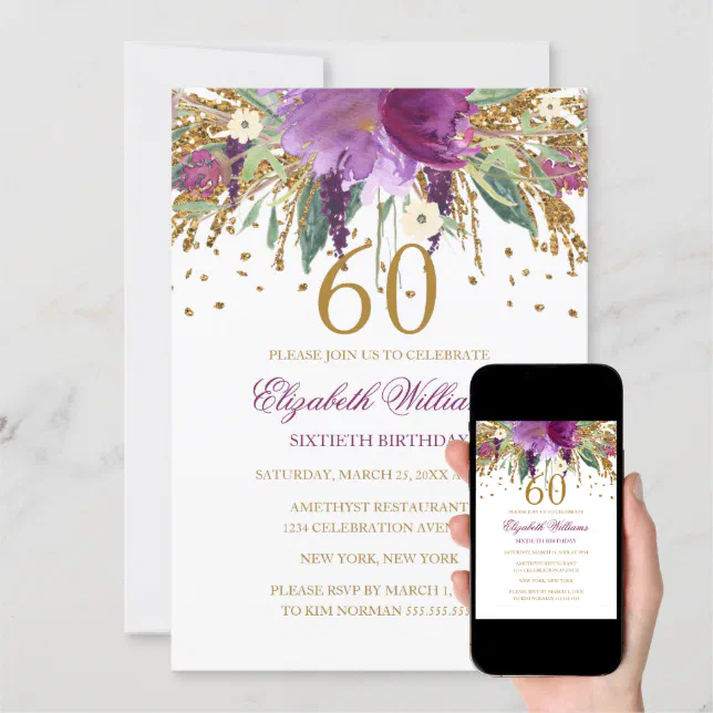 Floral Glitter Sparkling Amethyst 60th Birthday Invitation | Zazzle