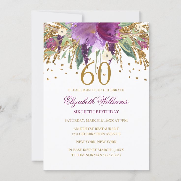 Floral Glitter Sparkling Amethyst 60th Birthday Invitation | Zazzle