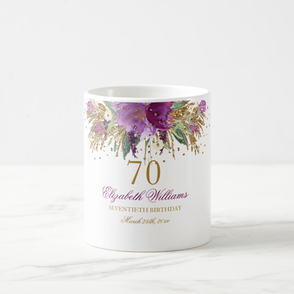 Discover Floral Glitter Sparkling Amethyst 70th Birthday Coffee Mug