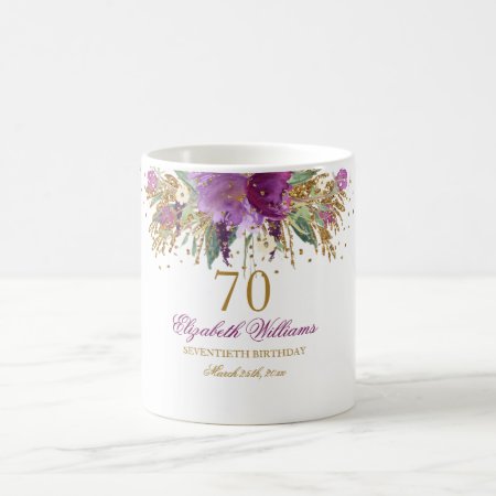 Floral Glitter Sparkling Amethyst 70th Birthday Coffee Mug