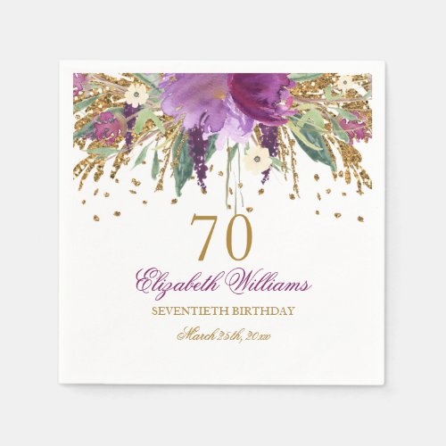 Floral Glitter Sparkling Amethyst 70th Birthday Napkins