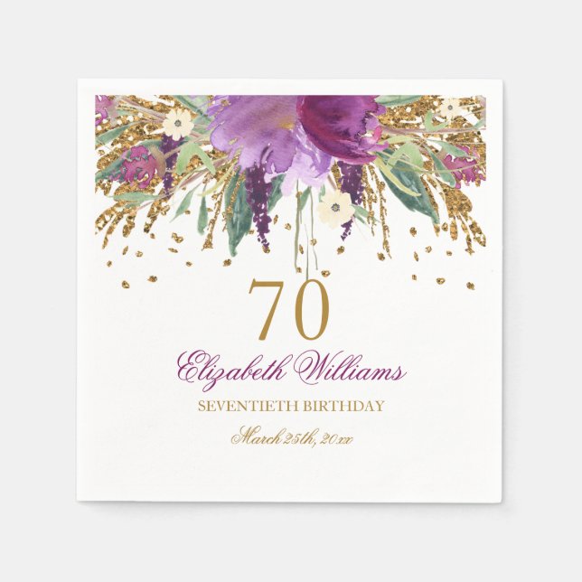 Floral Glitter Sparkling Amethyst 70th Birthday Napkins (Front)