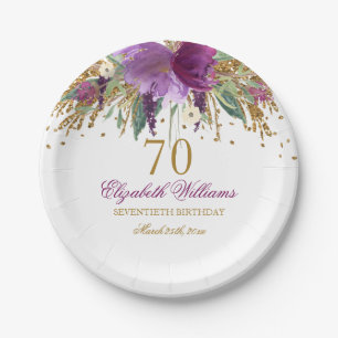 Floral Glitter Sparkling Amethyst 70th Birthday Paper Plates