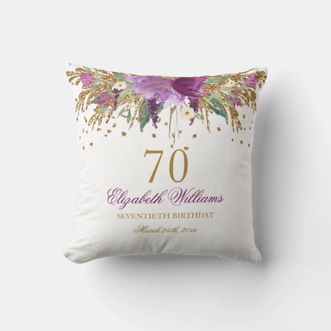 Floral Glitter Sparkling Amethyst 70th Birthday Throw Pillow (Front)