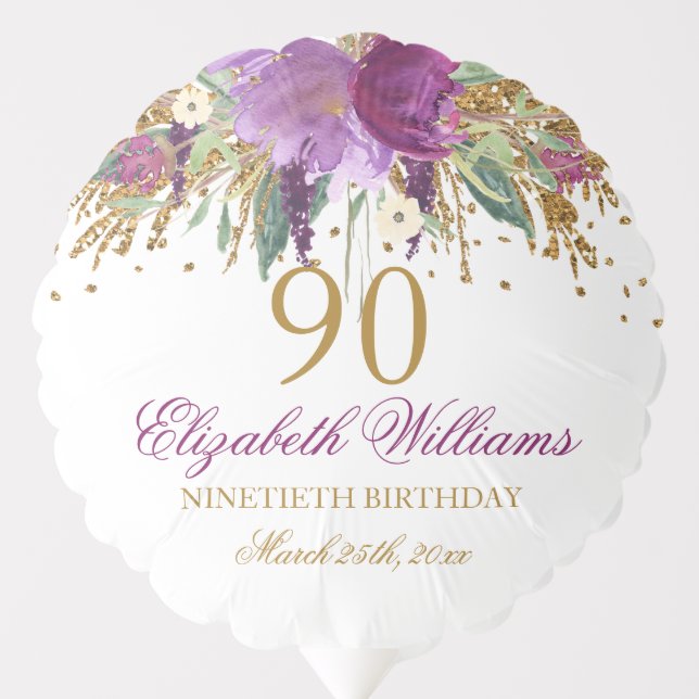 Floral Glitter Sparkling Amethyst 90th Birthday  Balloon (Front)
