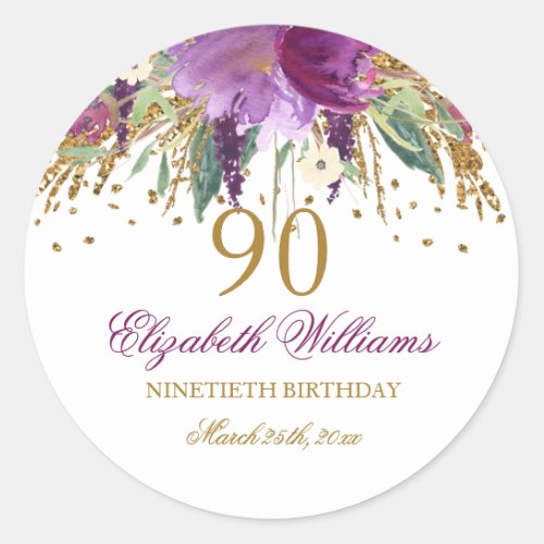 Floral Glitter Sparkling Amethyst 90th Birthday Classic Round Sticker