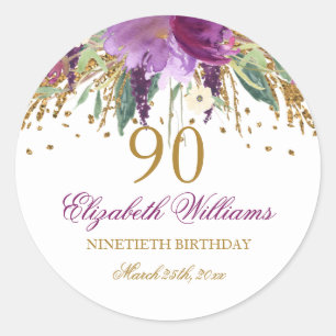 Floral Glitter Sparkling Amethyst 90th Birthday Classic Round Sticker