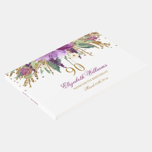 Floral Glitter Sparkling Amethyst 90th Birthday Guest Book