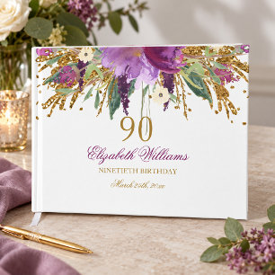 Floral Glitter Sparkling Amethyst 90th Birthday Guest Book