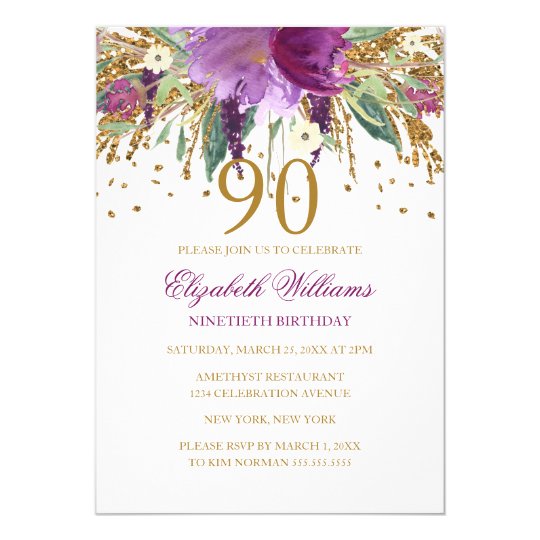 Fl Glitter Sparkling Amethyst 90th Birthday Invitation Zazzle Fl Glitter Sparkling Amethyst 90th Birthday Invitation