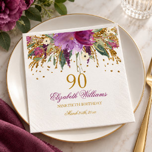 Floral Glitter Sparkling Amethyst 90th Birthday Paper Napkins
