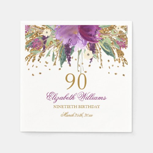 Floral Glitter Sparkling Amethyst 90th Birthday Paper Napkins