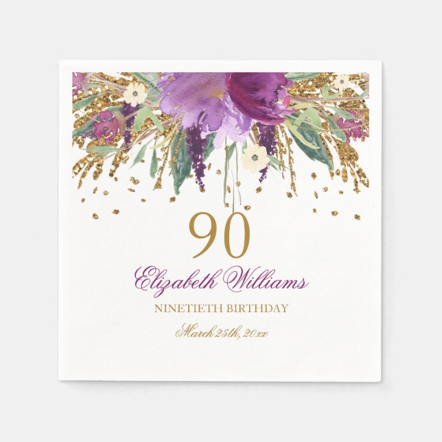 Floral Glitter Sparkling Amethyst 90th Birthday Paper Napkins (Front)