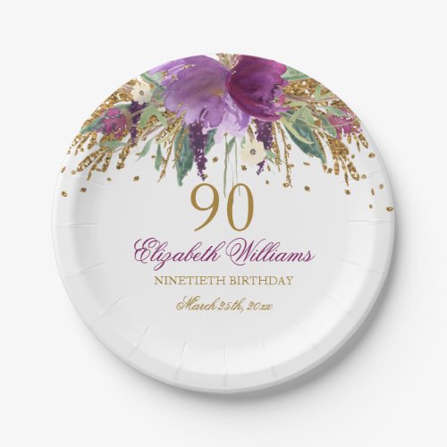 Floral Glitter Sparkling Amethyst 90th Birthday Paper Plates