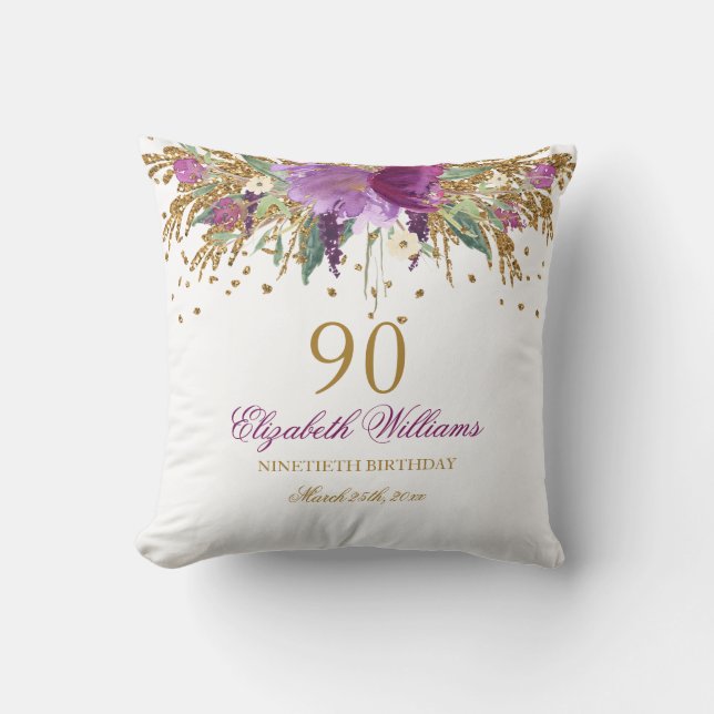 Floral Glitter Sparkling Amethyst 90th Birthday Throw Pillow (Front)