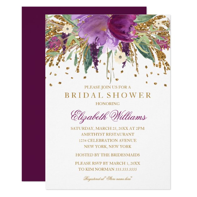 Floral Glitter Sparkling Amethyst Bridal Shower Invitation